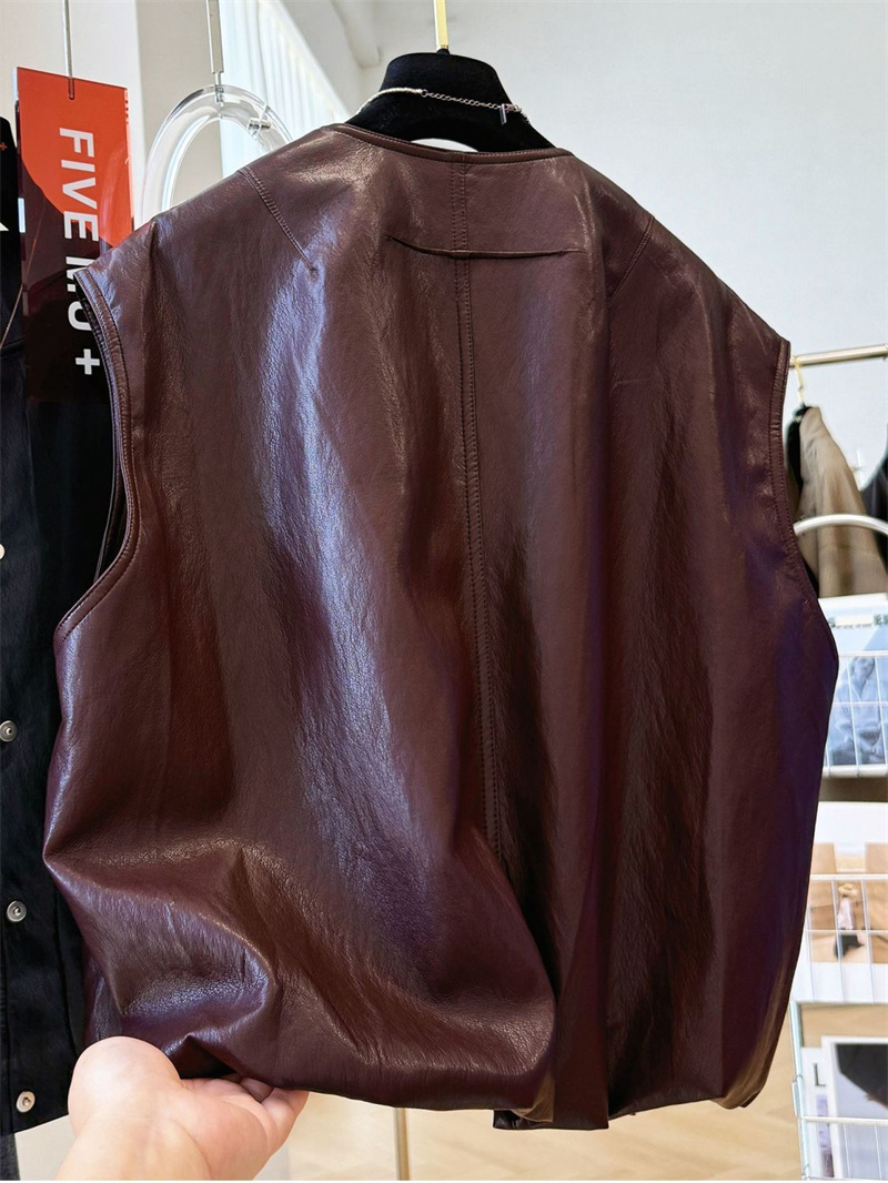 Gilet en cuir pour femmes, nouveau rétro décontracté, simple boutonnage, col rond, ample, avancé, nouvelle mode, gilet sans manches, manteau court