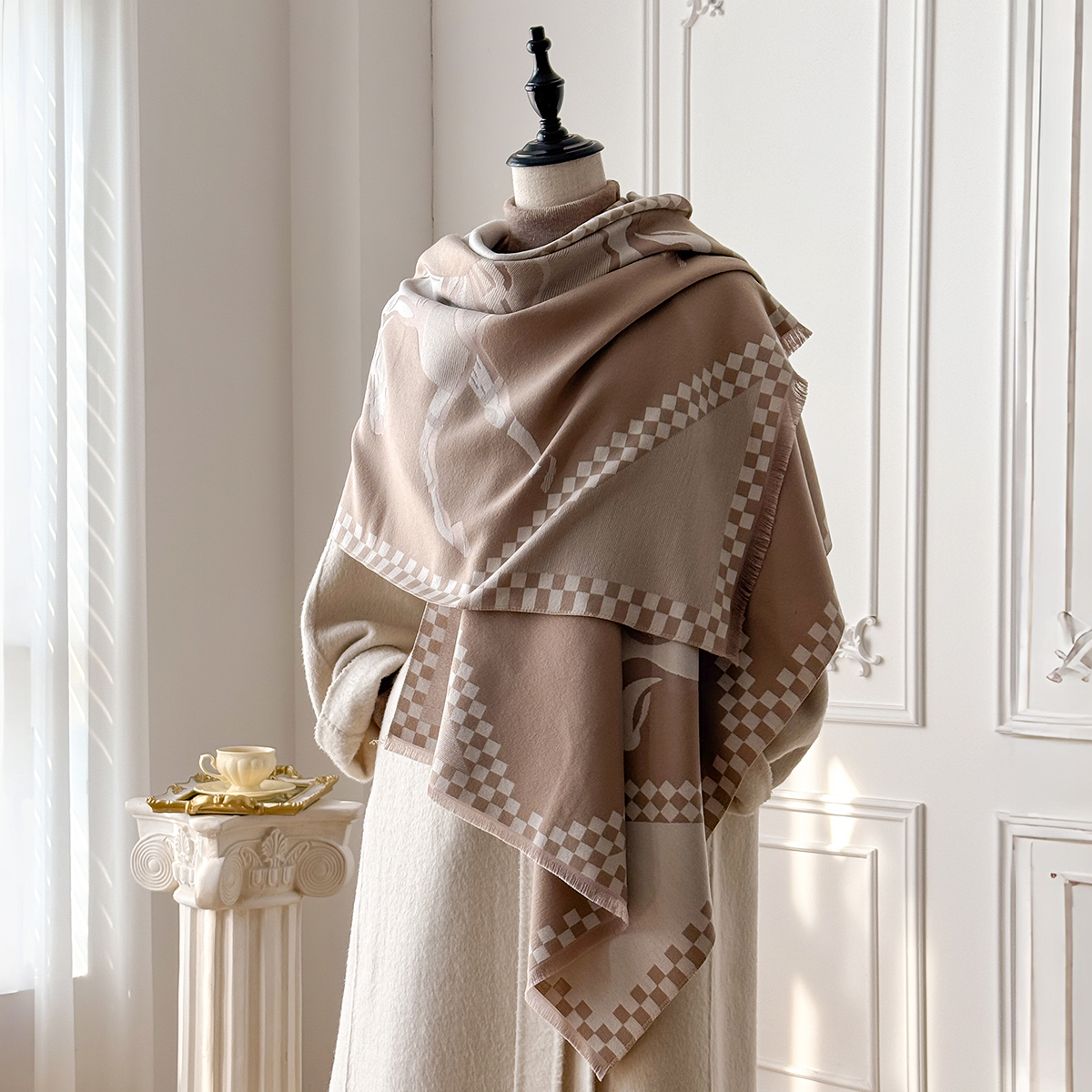 Écharpe de luxe en Faux cachemire épais pour femmes, châle doux chaud d'hiver à carreaux et imprimé cheval de guerre pour voyage et usage quotidien
