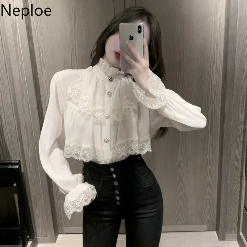 Chemisier en mousseline de soie à col montant pour femmes, manches longues, volants en dentelle, chemises vintage élégantes, mode coréenne blanche, Y-
