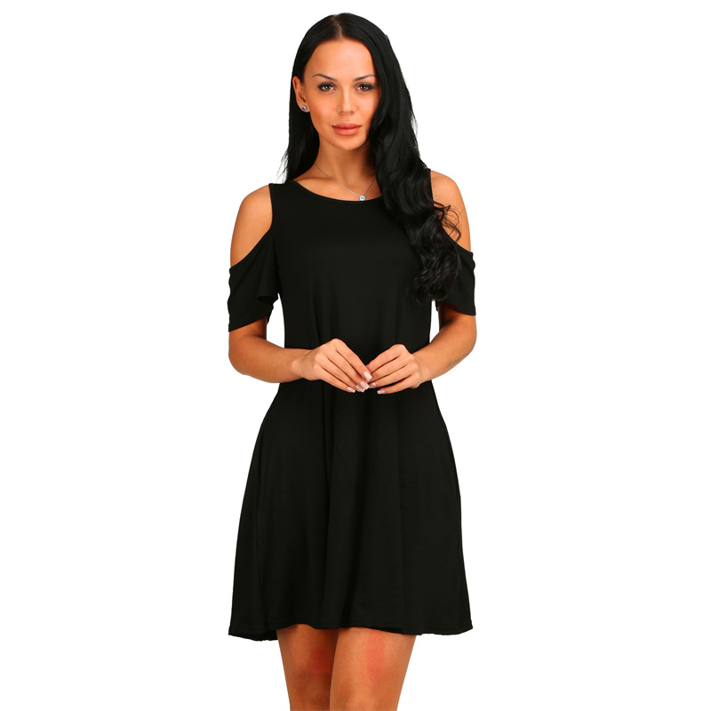 Robe d'été élégante pour femmes, Vintage, épaules dénudées, manches courtes, ample, couleur unie, col rond, soirée, Club, ligne a, QT036