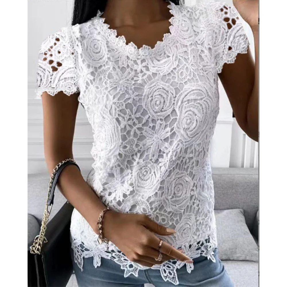 Dentelle t-shirt femmes élégant t-shirt décontracté femme vêtements été hauts à la mode t-shirt Vintage vêtements Streetwear solide T-Shirts Blusas
