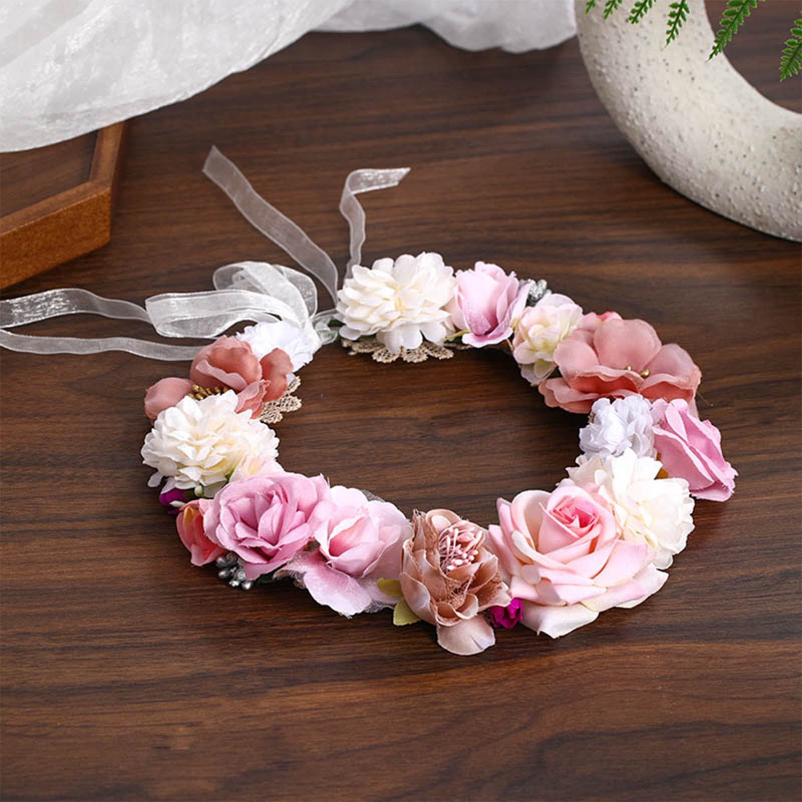 Serre-tête floral style bohème, couronne de fleurs artificielles réalistes pour mariée, accessoires de coiffure