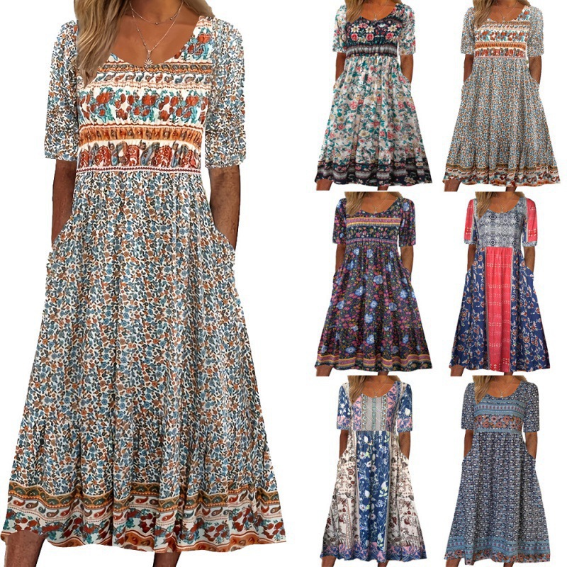 Robes pour femmes 2026 – Nouvelle collection été : Robe longue à col rond et manches courtes, imprimé bohème, pour vêtements féminins (vestidos)