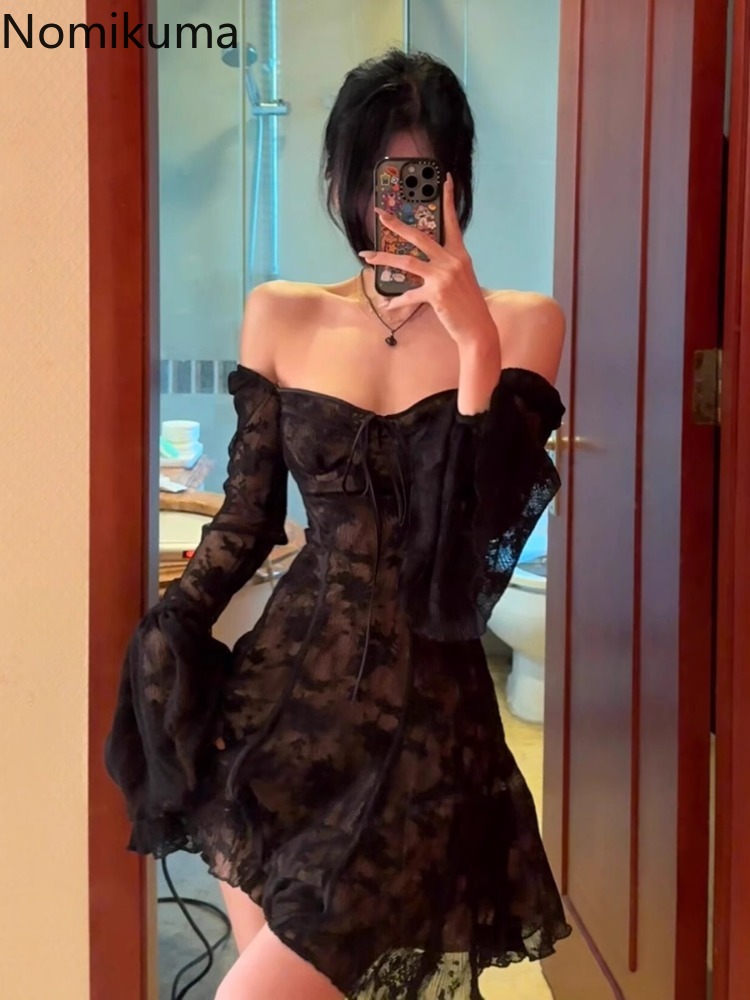 Tempérament Robe Femme robes pour femmes taille haute manches évasées carré Collat noir dentelle Robe Sexy 2025 robes De Mujer