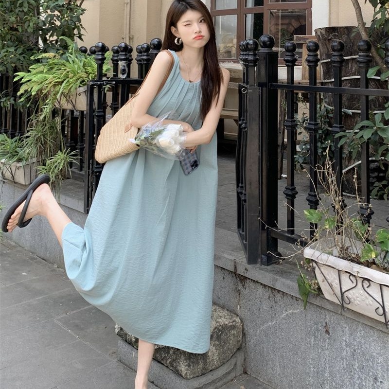 Robe longue froncée à col rond pour femme, coupe ample, dos nu, sans manches, style coréen, pour la ville