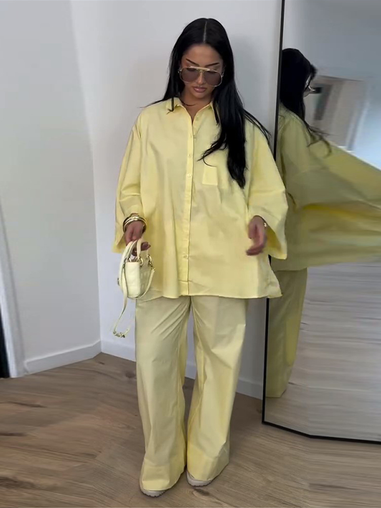 Nouvel ensemble décontracté pour femme : chemise unie à revers et manches longues avec poches et pantalon droit taille haute