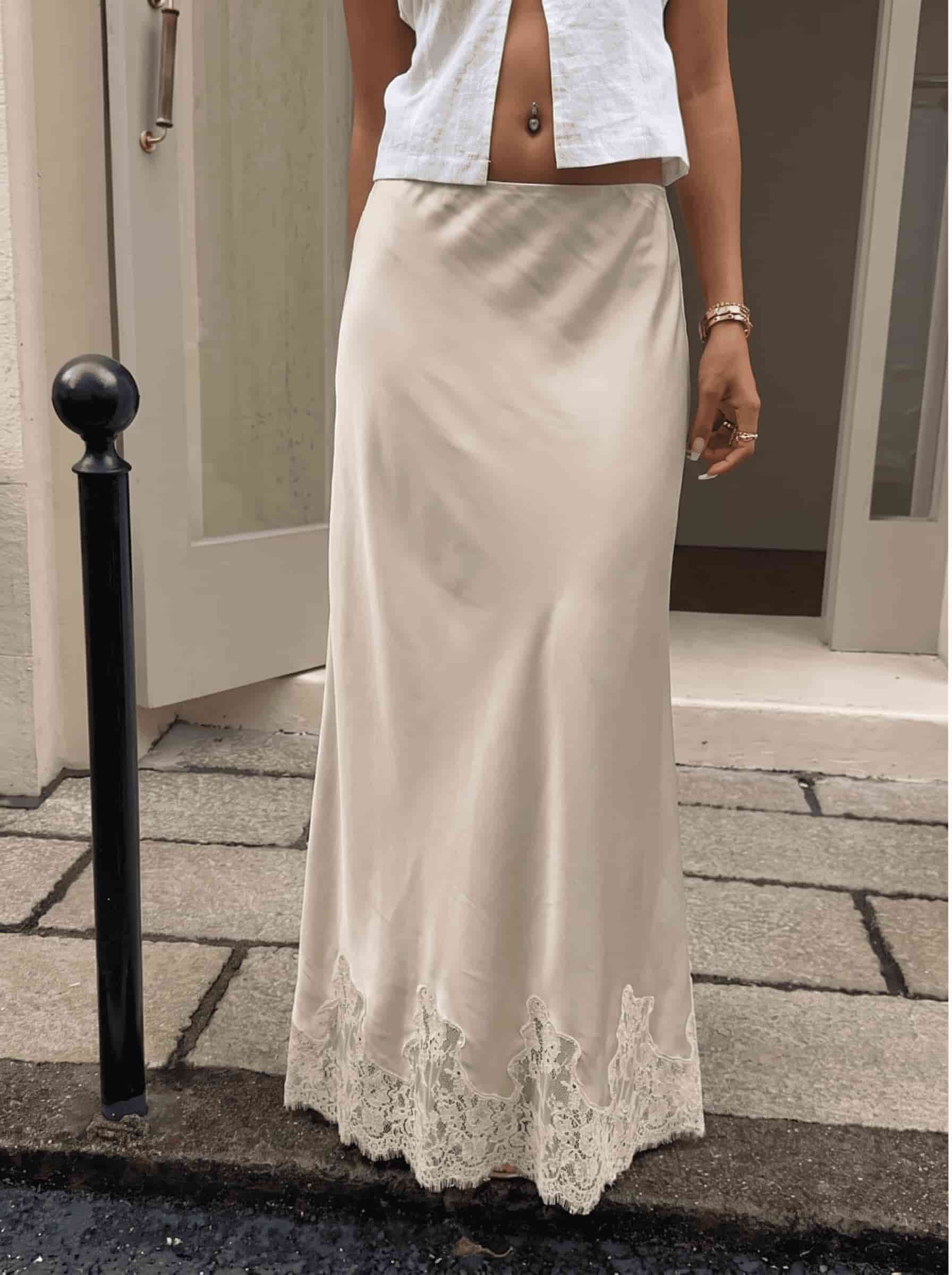 Jupe longue à taille haute pour femmes, avec ourlet en dentelle, coupe évasée, élégante, décontractée, idéale pour les vacances et le streetwear, bas fluide pour dames.