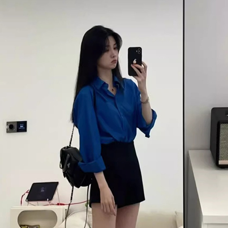 Chemise bleue amincissante à manches longues pour femmes, chemisier décontracté de Style de rue, couleur unie, polyvalent, basique, col rabattu, printemps automne