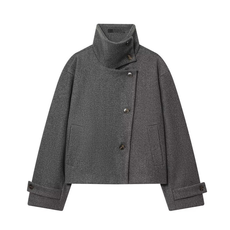 Manteau d'automne à col montant pour femme, élégant, à manches longues, simple boutonnage, style français, couleur unie, vêtement d'extérieur tendance