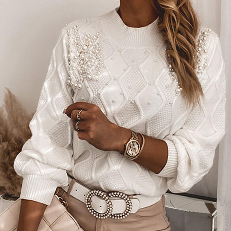 Pull chaud à manches longues avec décor perlé pour femmes, pull élégant, pull blanc mignon, vêtements d'automne et d'hiver, 0 cou