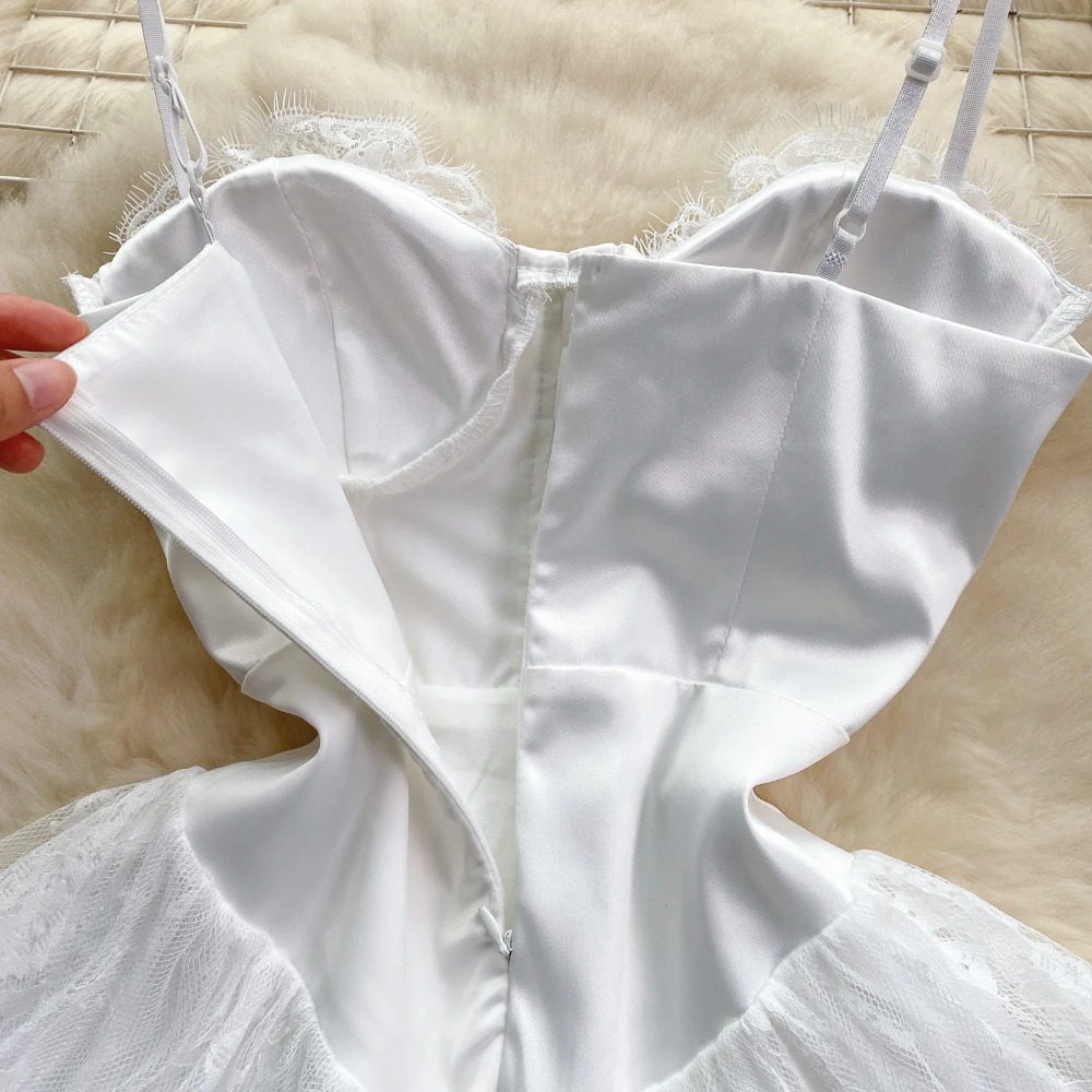 Robes Sexy en maille et dentelle pour femmes, col licou, basique, simple boutonnage, sans manches, Chic, à volants, taille fine, vêtements pour femmes