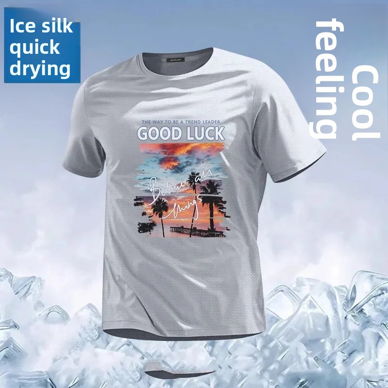 T-shirt décontracté pour homme en soie glacée, coupe ample, manches courtes, dos en maille, respirant et confortable, style été