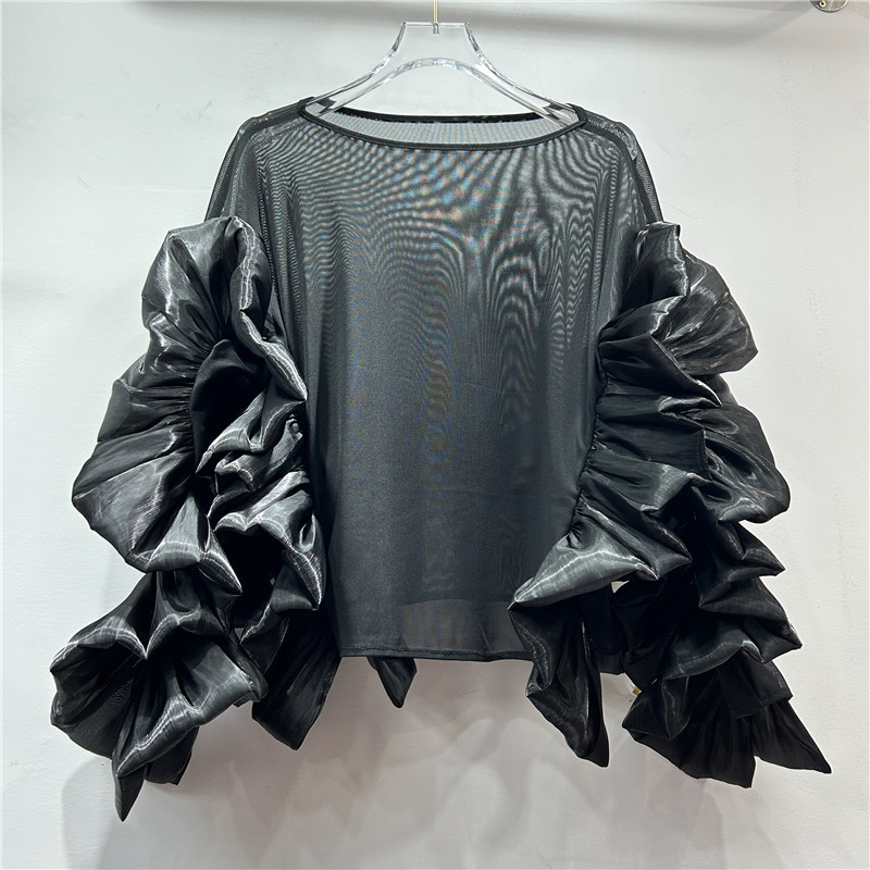 Femmes automne hiver nouveau tempérament rétro col rond à volants chemise ample à manches longues océanique chaud broderie graphique t-shirts