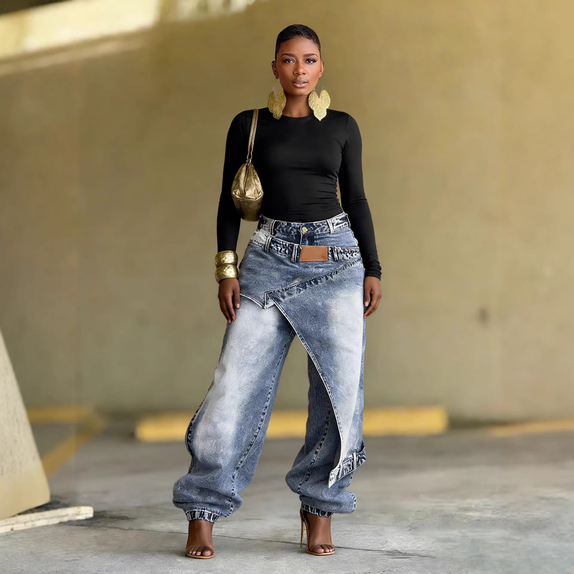 Jeans Femme Vintage Coupe Large Denim Délavé Streetwear Patchwork Patches Pantalon Droit Effet Usé Longueur Ras du Sol 2026