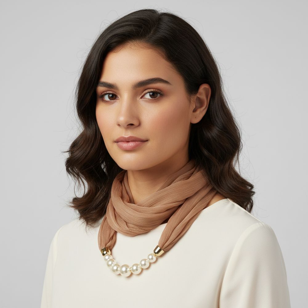 Écharpe en mousseline de soie avec chaîne de perles tendance, coupe-vent, protection solaire, pour femme