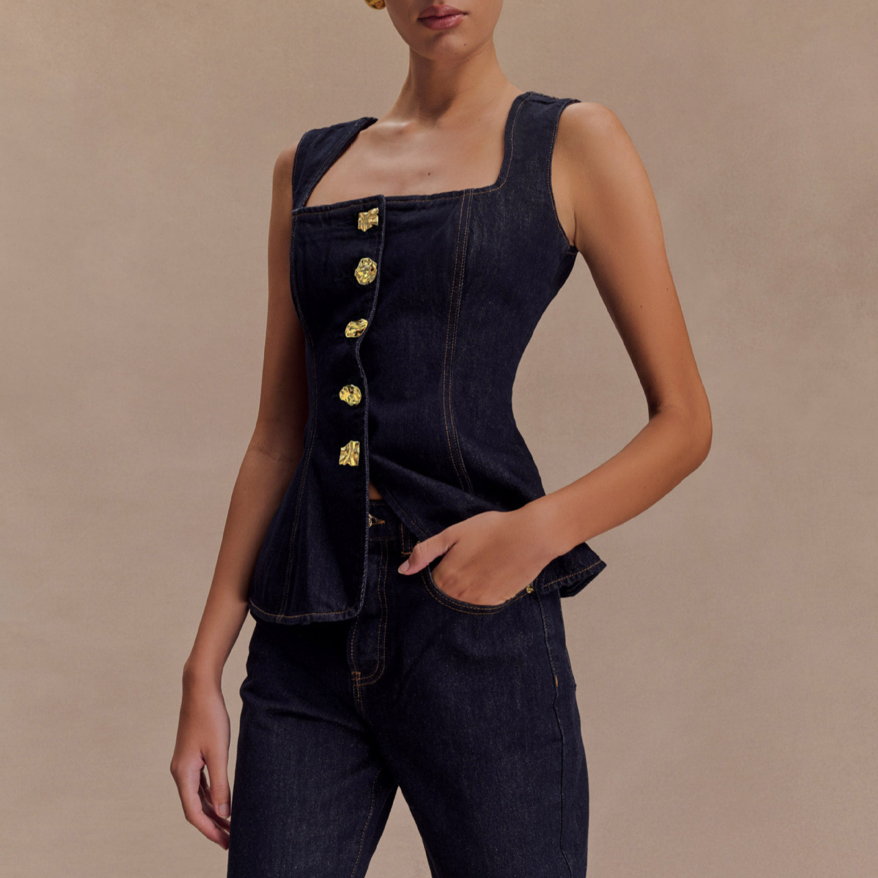 Été Denim pantalon ensembles femmes 2025 mode sans manches simple boutonnage gilet hauts et taille haute Baggy jean 2 pièces ensemble femme