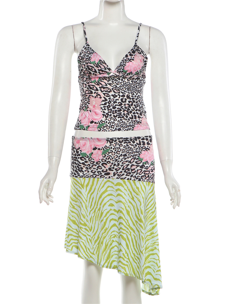 Weird Puss Ensemble 2 pièces pour femme, imprimé floral léopard, débardeur dos nu à col en V et bas à ourlet irrégulier patchwork à rayures zébrées, tenue de vacances