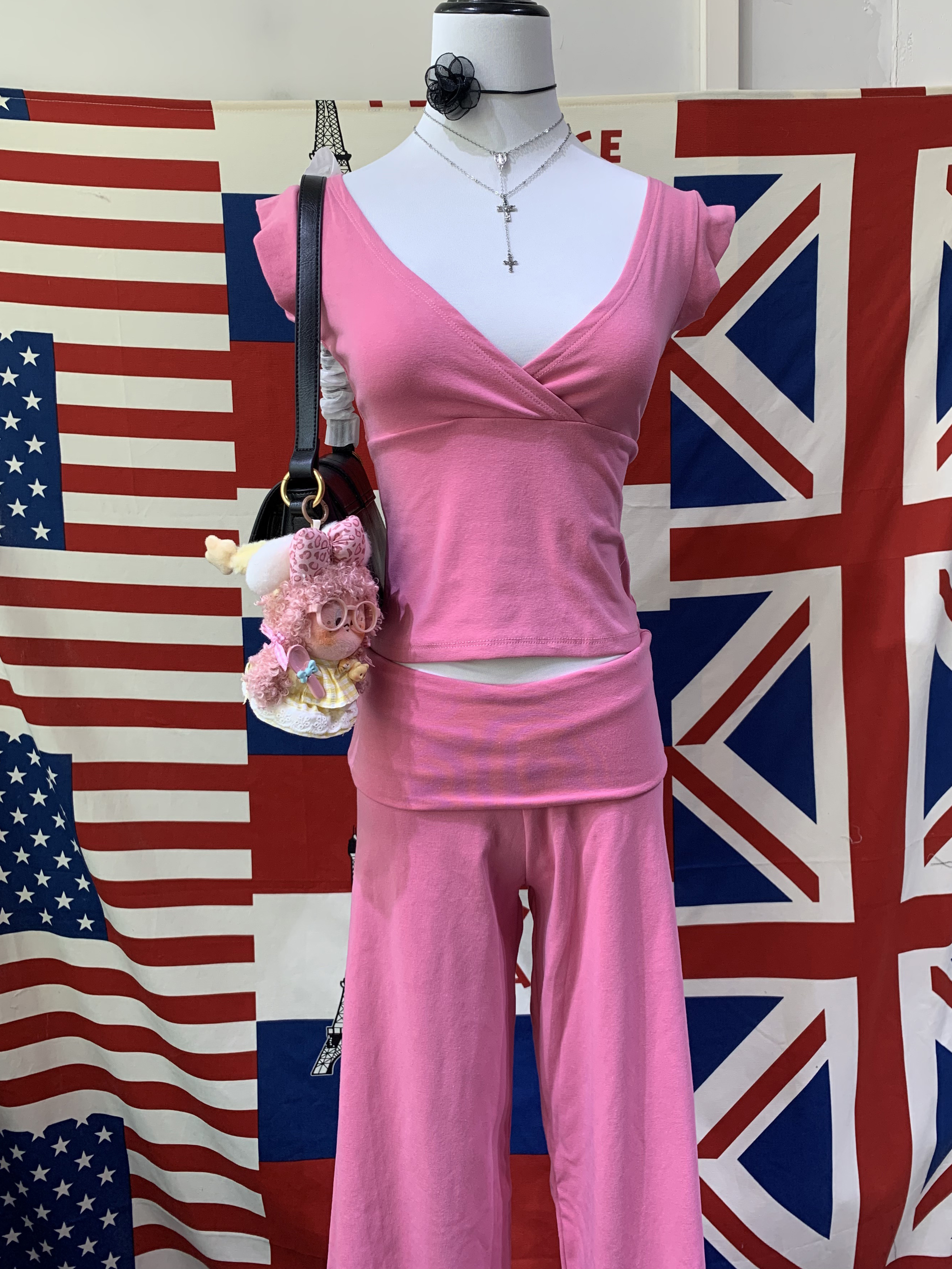 Ensemble T-shirt et Pantalon Uni Femme Été Col en V Croisé Slim Crop Top + Pantalon Droit Taille Basse à Revers Coton Décontracté 2 Pièces