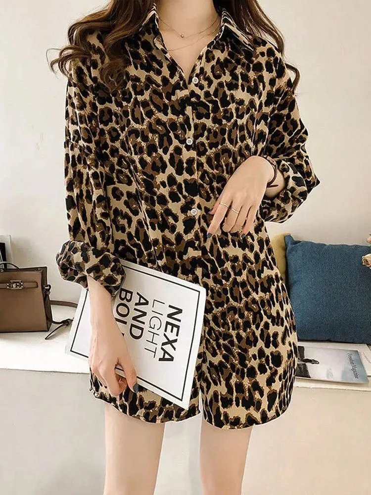 Chemise longue rétro à imprimé léopard pour femme, coupe ample oversize, style Y2K, mode coréenne, chemisier décontracté, streetwear, haut de printemps