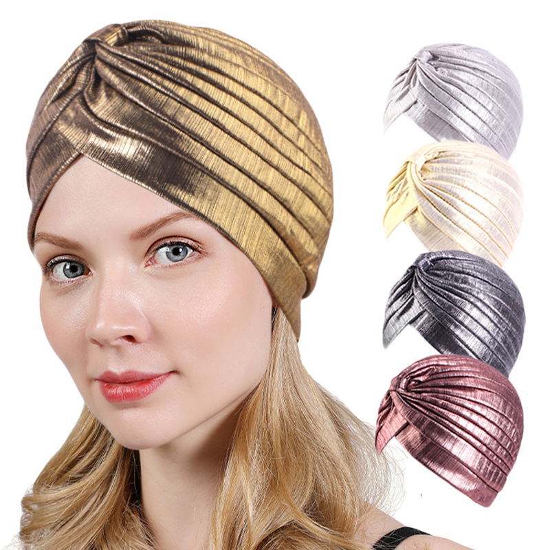Turban à nœud métallique plissé pour femme, chapeau ethnique rétro, bonnets élastiques ronds et brillants, écharpe de tête, bonnet, bonnet chimio, nouveau