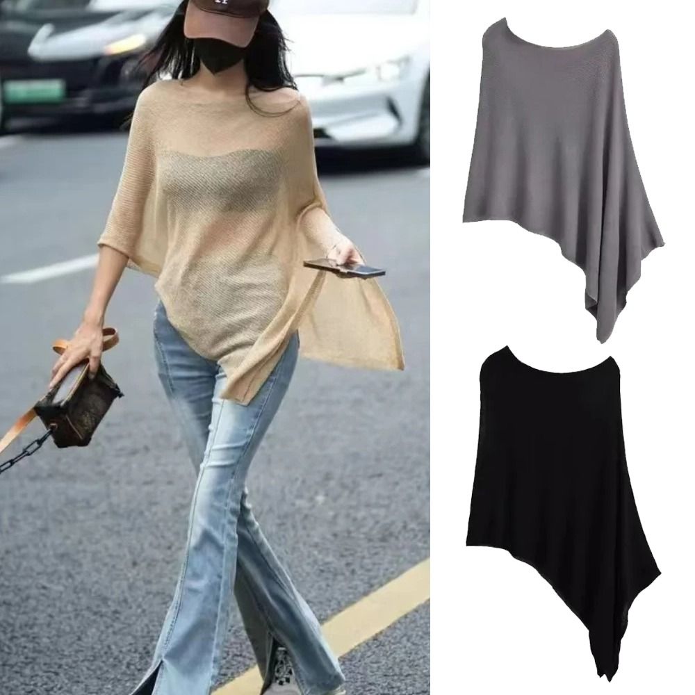 Châle cape ample et asymétrique pour femme, en soie glacée fine, protection solaire, cadeau, pull tricoté