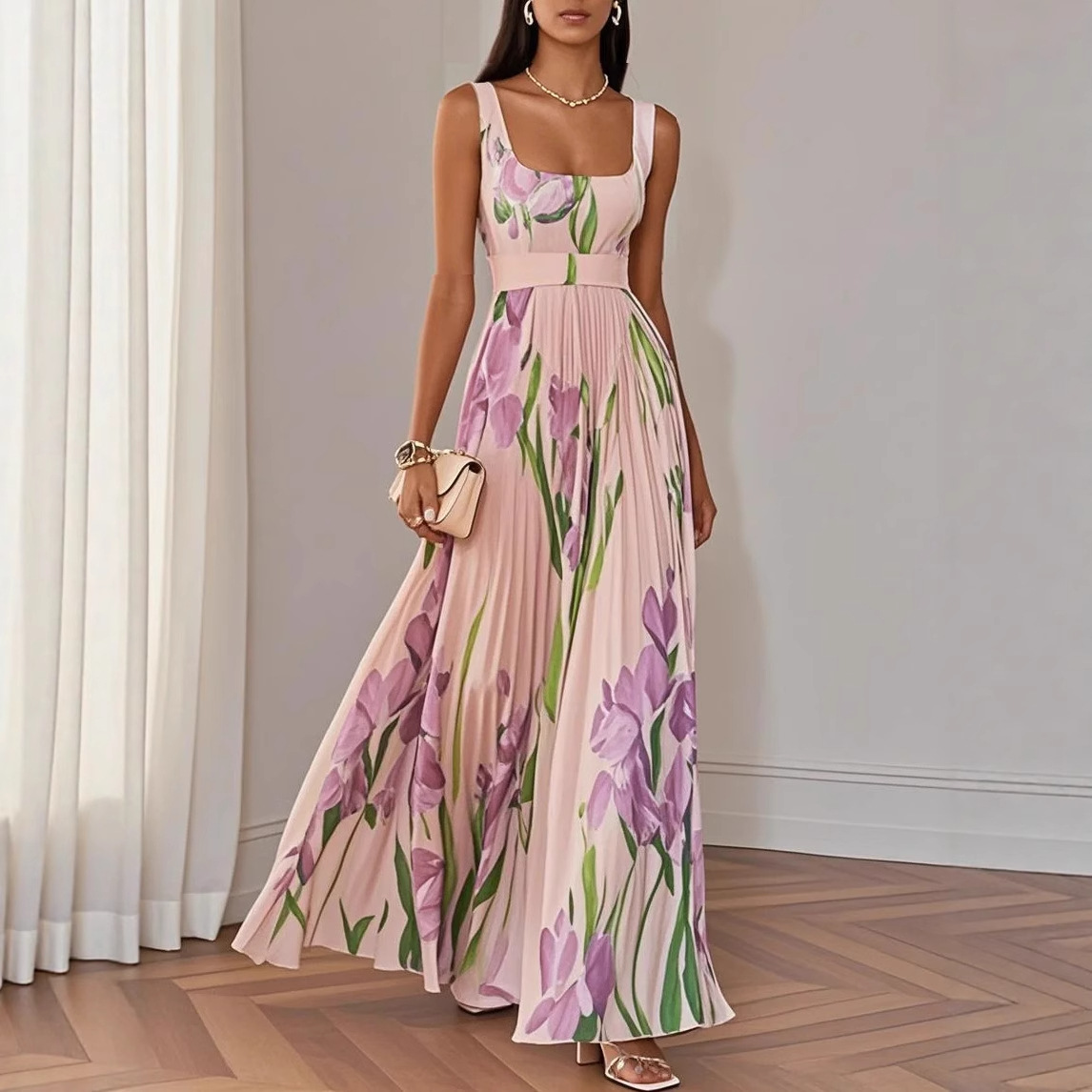 Robes pour femmes sexy à col carré, plissées, imprimées de fleurs, taille haute, longues, nouvelles robes d'été sans manches