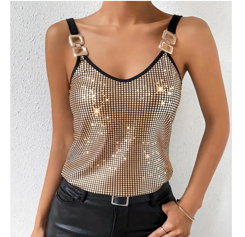 Camisole à chaîne à paillettes pour femmes, nouveau Style, col en V, débardeur à paillettes, mode, ample, Sexy, dos nu, gilet de fête, été