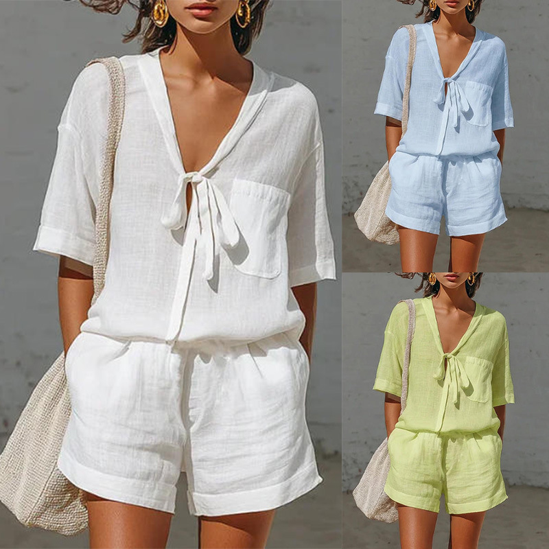Ensembles de Blouses pour Femmes – 2 Pièces Décontractées en Promotion : Blouse à Lacets & Short Taille Haute Ample – NSFZC-Y3372