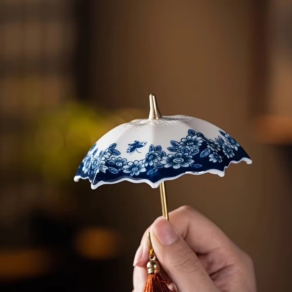 Filtre à thé en céramique style parapluie, traditionnel chinois, avec pompon, motif en porcelaine bleue et blanche, décoration de table