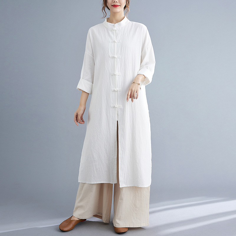 Vêtements traditionnels chinois pour femmes, coton, manches longues, simple boutonnage, haut adt, vêtements de thé de méditation, printemps, automne