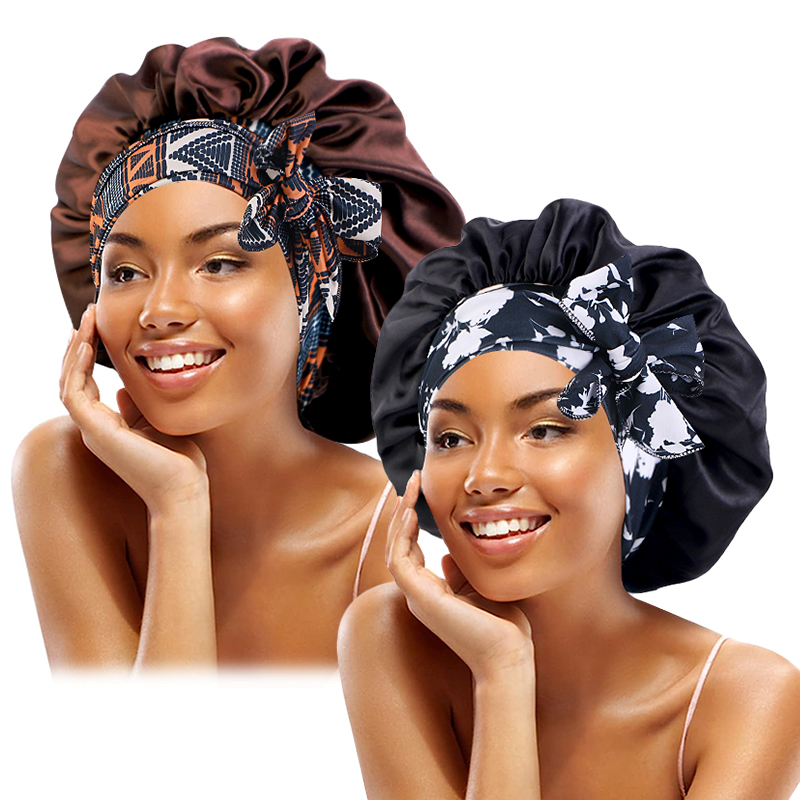 2 pièces/lot Boho imprimé bandeau Satin Bonnet à lacets nœud papillon cheveux Bonnet élastique dormir nuit Bonnet douche bain Bonnets pour les femmes