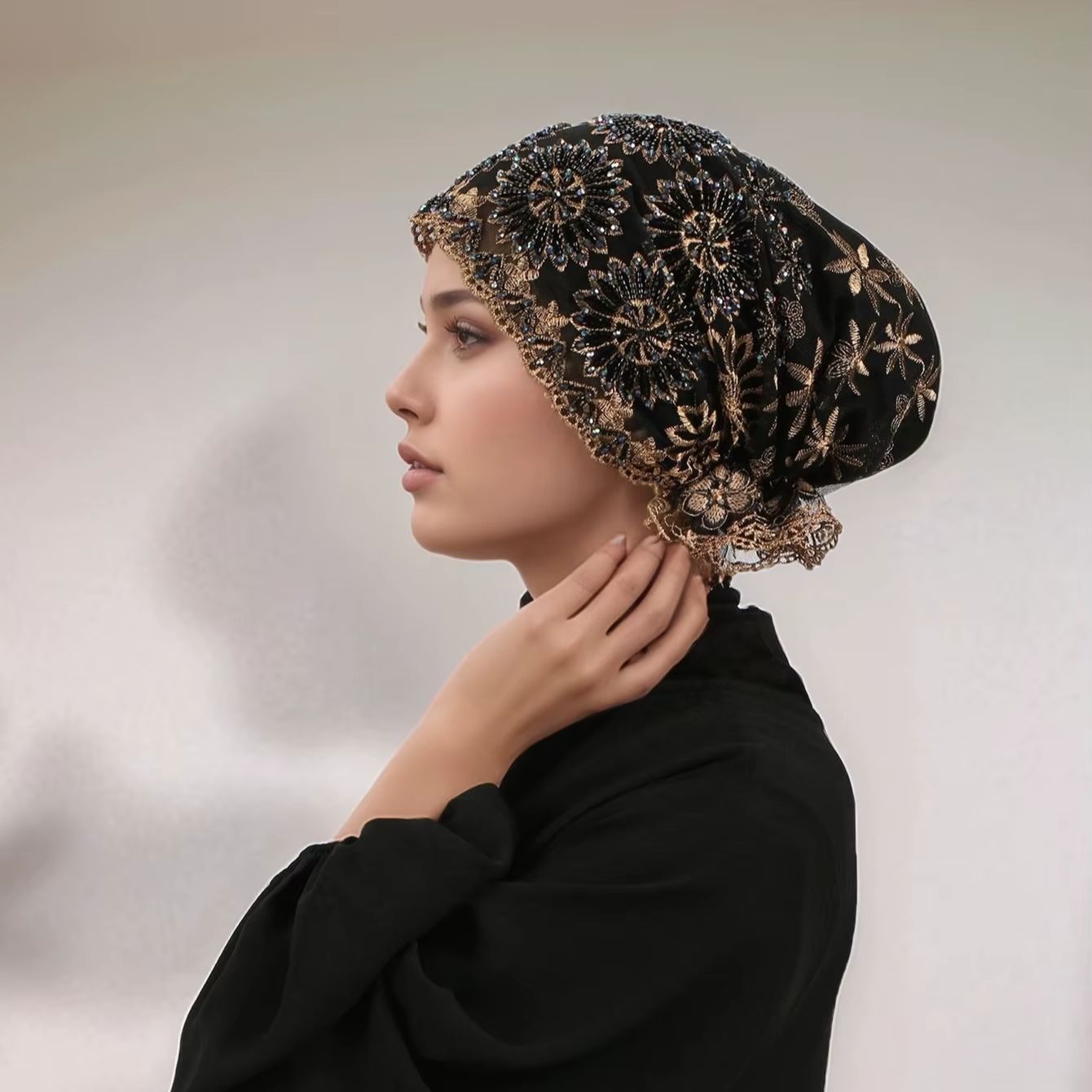 Casquette intérieure en dentelle de perles musulmanes de luxe, couvre-chef islamique élastique pour femmes, casquette de prière élégante, couvre-tête décoratif