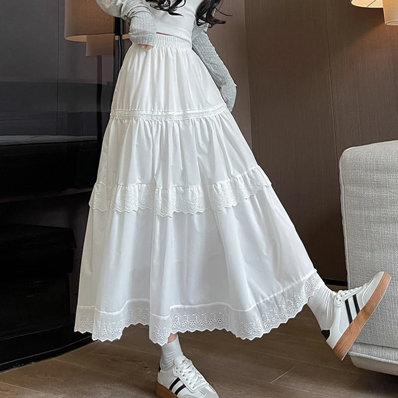 Jupe plissée en dentelle blanche coréenne pour femmes, taille haute, Patchwork de gâteau, jupes longues, Chic, ample, ligne A, été, 2025