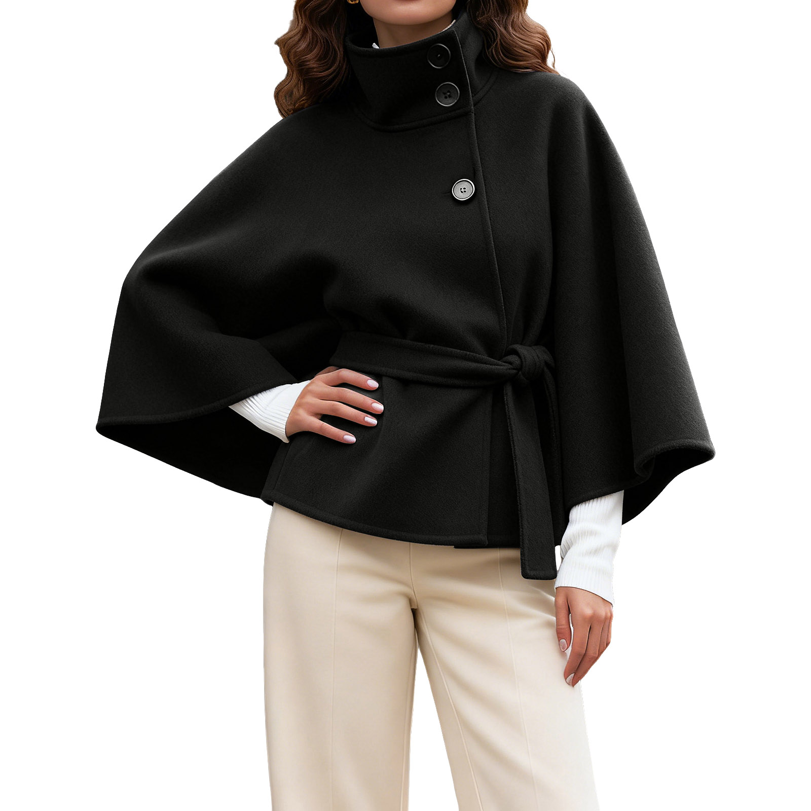 Manteau poncho à manches chauve-souris pour femme, veste courte en laine mélangée, pull en polaire décontracté pour femme, idéal pour l'hiver
