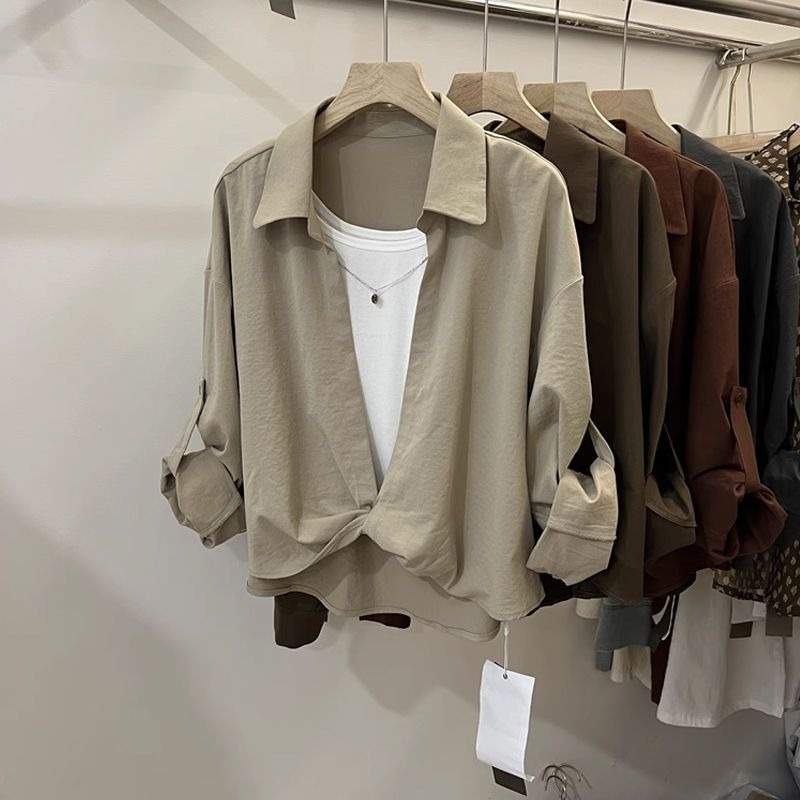 Mode simplicité élégant tendance printemps été pull hauts à manches longues col polo faux deux chemises à manches longues pour les femmes