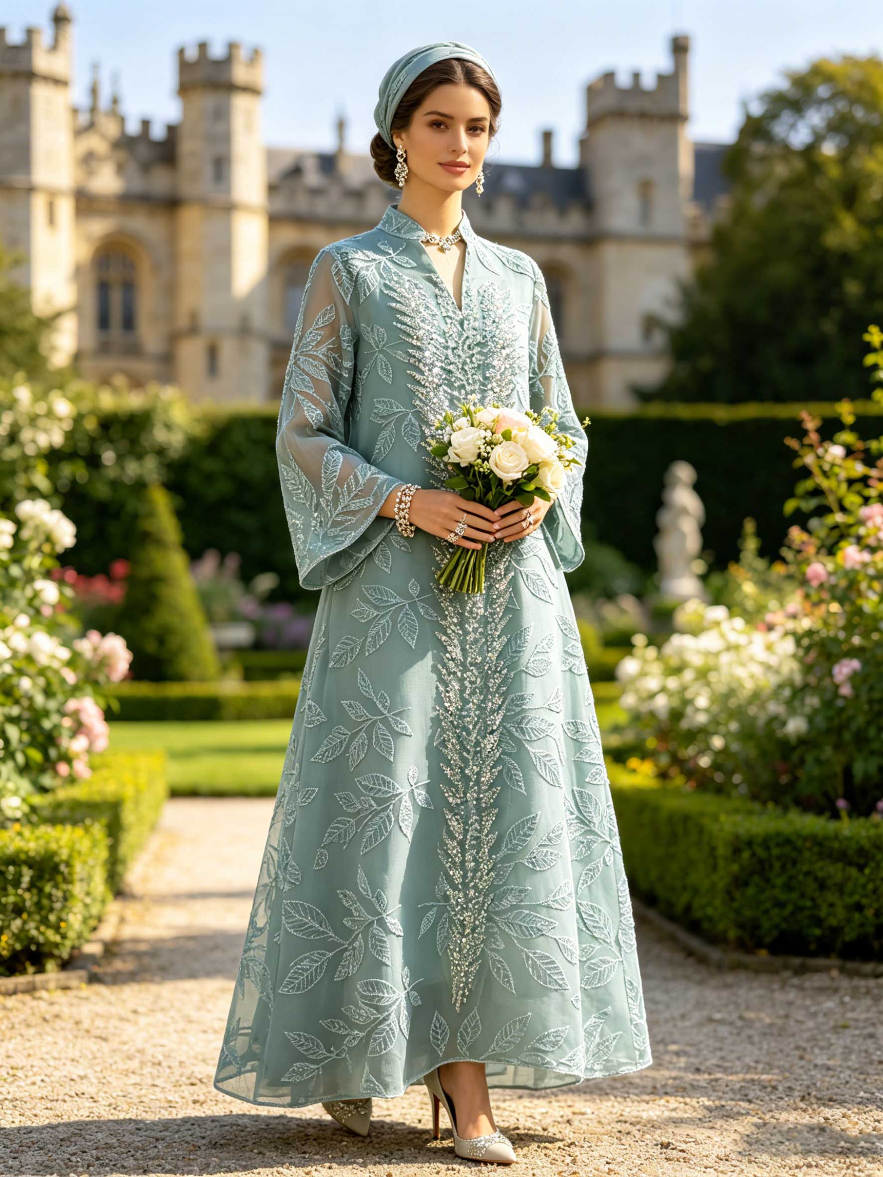 Abaya vert menthe pour femmes musulmanes avec broderie de feuilles en sequins argentés, Kaftan de Dubaï, robe élégante pour la prière du Ramadan et de l'Aïd, Turquie, Islamique