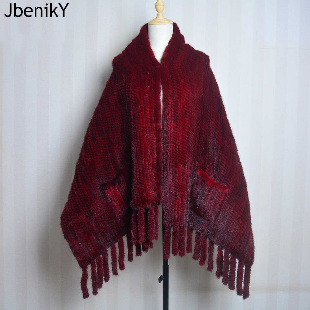 Nouveau châle en fourrure de vison véritable tricotée pour femme 2026, châle en fourrure de vison véritable 100% naturel avec pompon, ponchos en fourrure de vison tendance