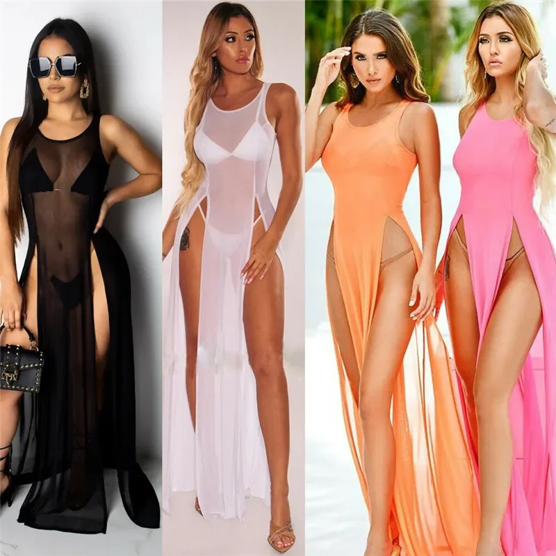 Robe longue en maille transparente pour femme, robe de plage sexy, robe d'été, bretelles en fibres solides, fente haute, couverture de bikini, été