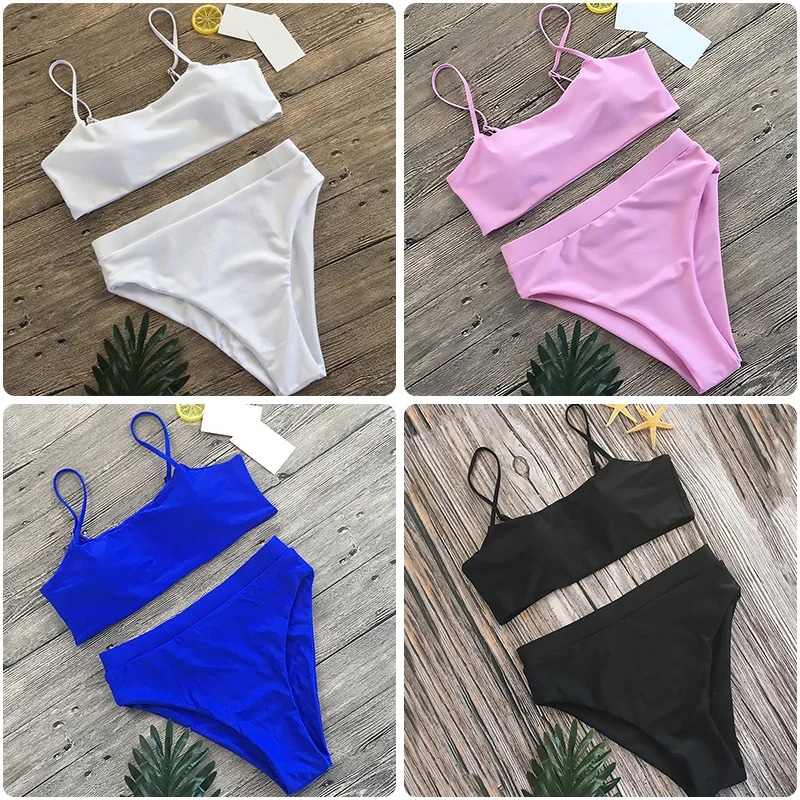 Jupe de plage d'été, Bikini Sexy fendu taille haute de couleur unie, maillots de bain pour femmes, string de plage, 2 pièces, maillots de bain col licou Sexy