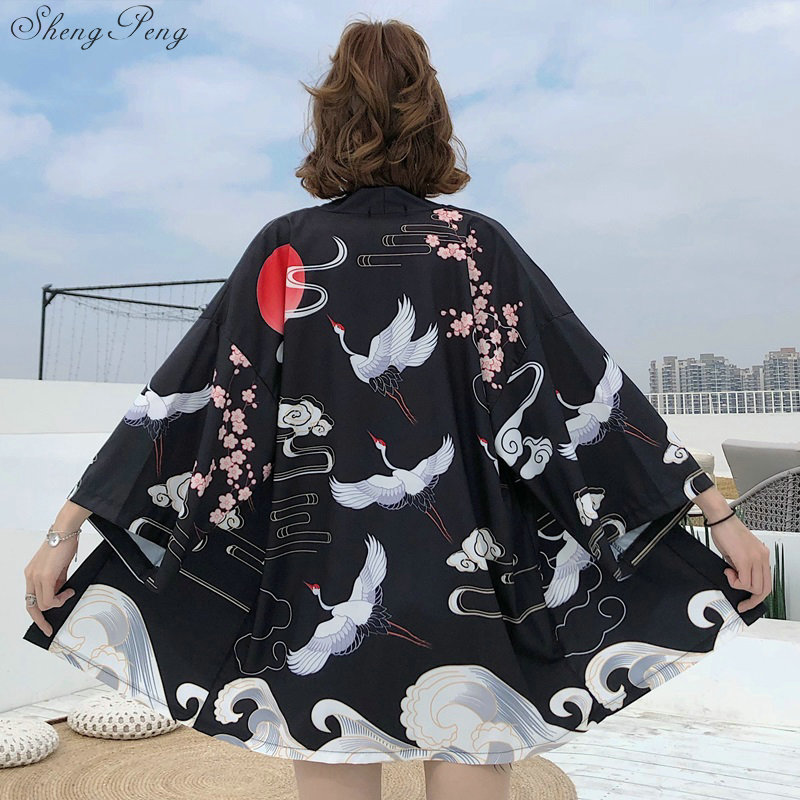 Kimono Yukata japonais, Top d'été 2020, grue à couronne rouge Haori, Kimono japonais Harajuku Boho Yukata pour femmes V1866