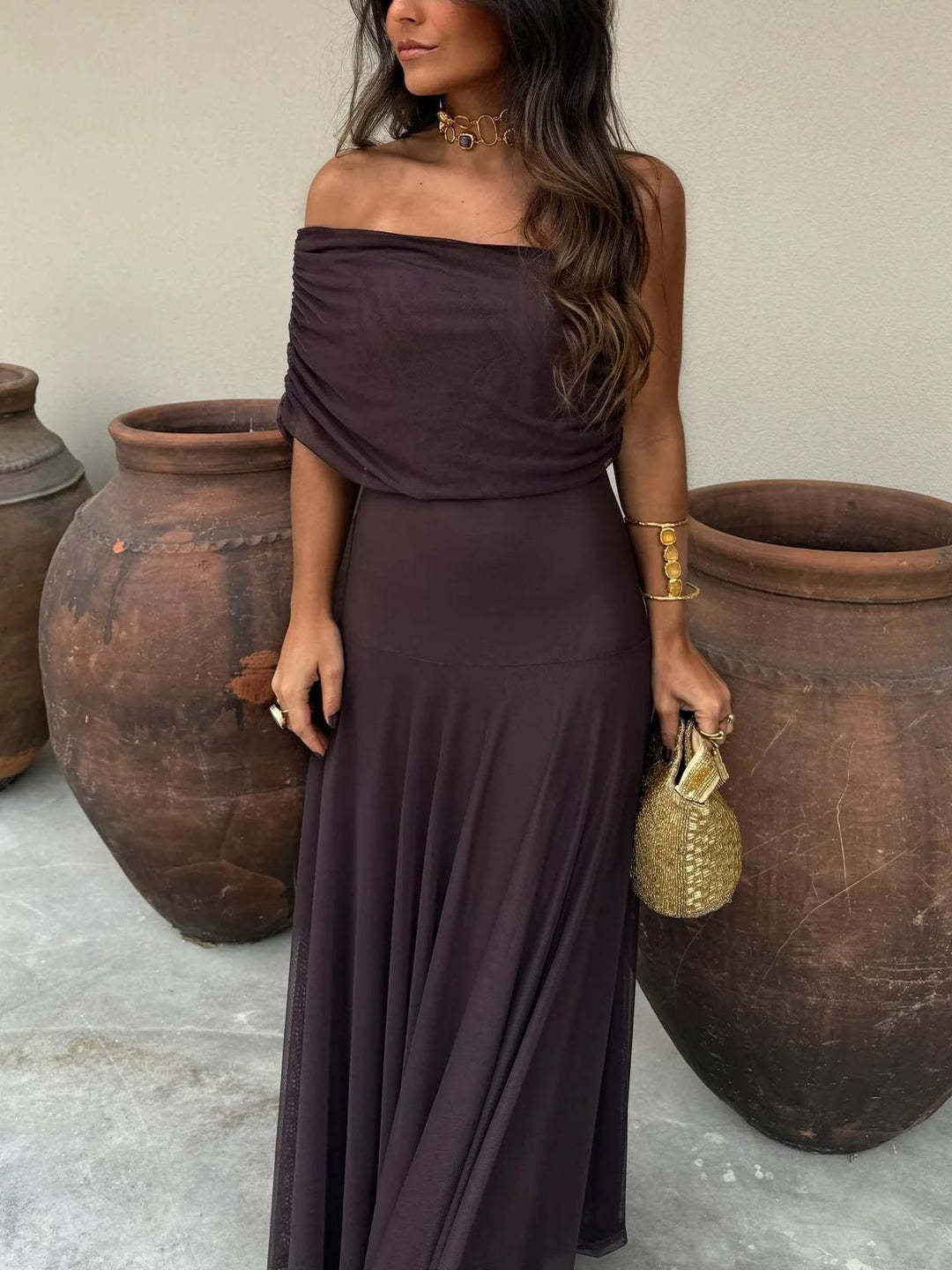 Robe bandeau d'été, robe maxi élégante drapée à épaules dénudées, robe de soirée ajustée style vacances