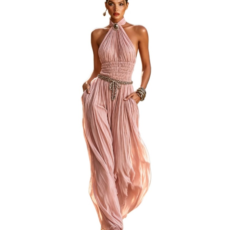 Combinaison ample pour femme style bohème, dos ouvert, smockée, texturée froissée, légère avec poches