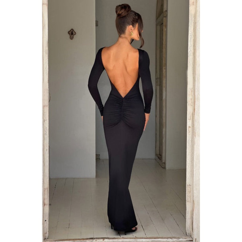 Nouvelle Robe Longue Élégante pour Femme, Collection Été 2026, Design Sophistiqué, Moulante, pour Soirée, avec Dos Nu et Manches Longues