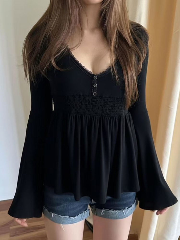 Chemisier pour femme, vêtements pour femme été automne, tunique élégante Y2k, chemisiers et chemises magnifiques, haut vintage noir à manches longues pour femme
