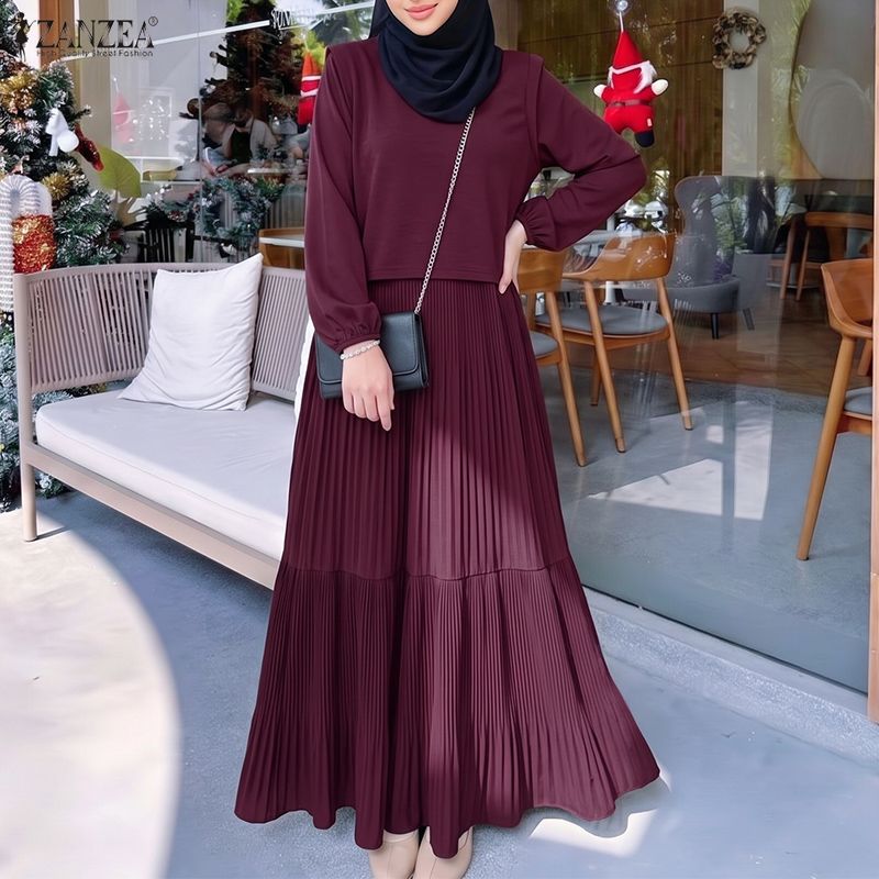 Robe longue ZANZEA pour femmes musulmanes, mode modeste, hijab, col rond, manches lanternes, plissée, abaya, robes islamiques élégantes, Ramadan, Eid, kaftan