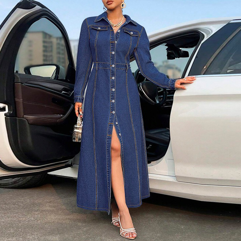 Benuynffy grande taille Vintage lavé Denim robe longue femmes automne 2025 nouveau simple boutonnage à manches longues rue Jean robes
