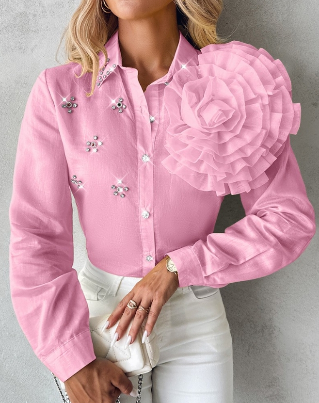 Mode femme Blouse printemps Rose détail strass simple boutonnage décontracté plaine col rabattu à manches longues petit haut quotidien