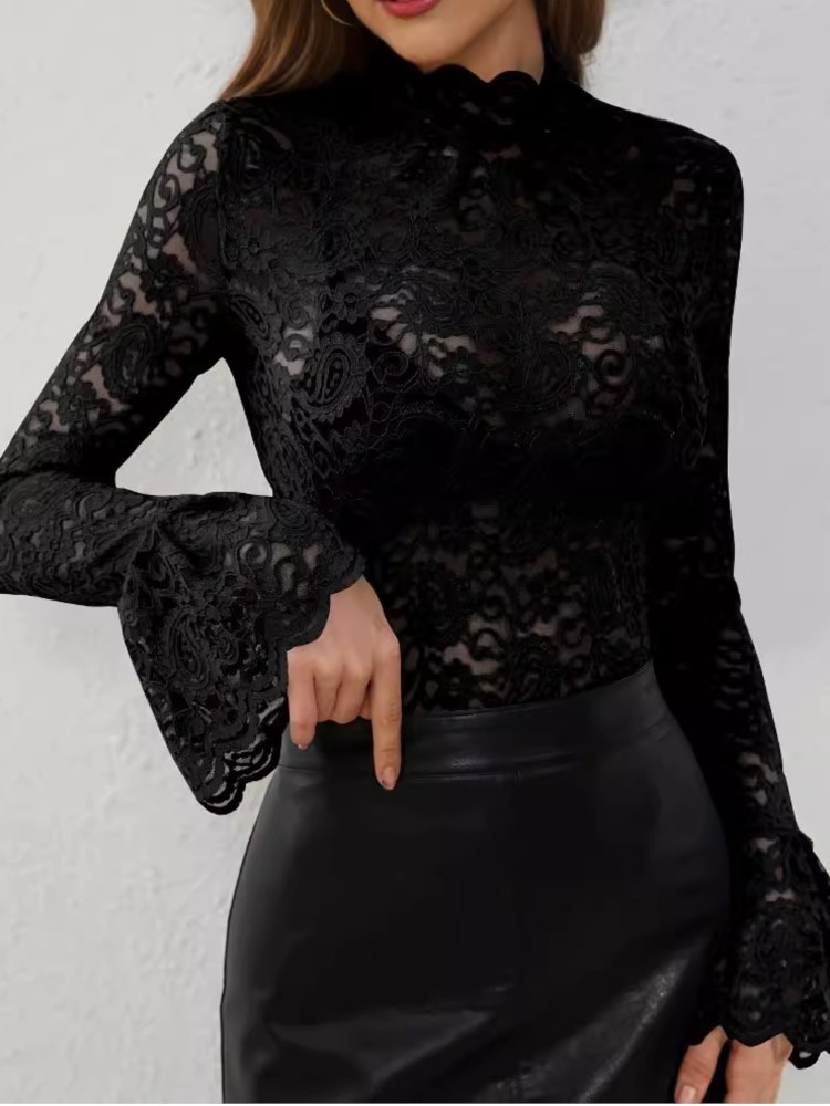Chemise élégante et Sexy en dentelle pour femmes, pull à manches longues et col montant, dessus de chemise Slim, vêtements de vacances décontractés pour dames