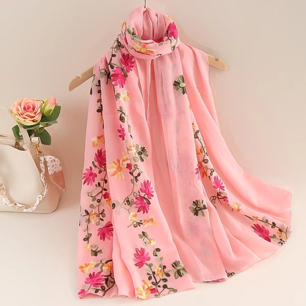 Écharpe longue printemps-été en coton et lin, brodée, double usage, pour femme, style littéraire national, châle de voyage anti-UV