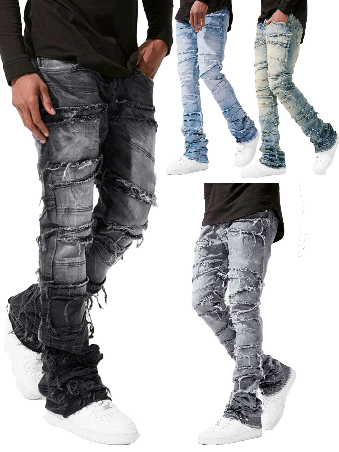 2025 nouveaux jeans empilés hommes patchwork épissé Denim déchiré lavage effiloché pantalon homme Streetwear hommes gland moto jean